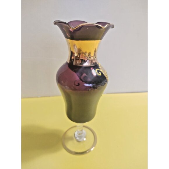 Vintage NASCO Japan Amethyst Glass Vase Raised Enamel Flowers 7" - Picture 7 of 10